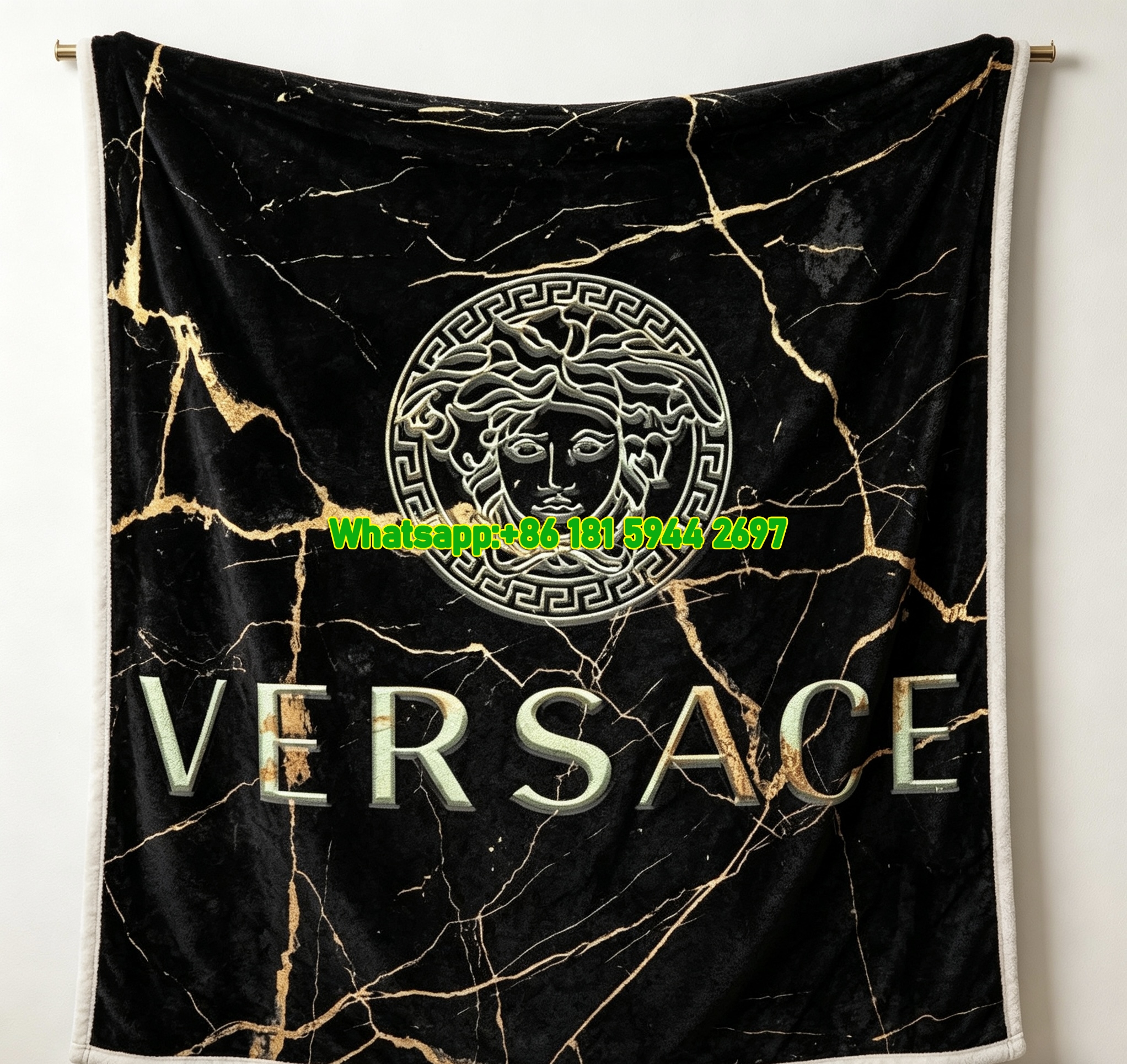 Versace Black Gold Marble Medusa Print Flannel Sofa Throw Blanket IMG_1358